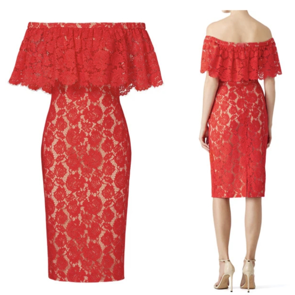 THEIA Cherry Red Floral Lace Off Shoulder Cocktail Dress XS
